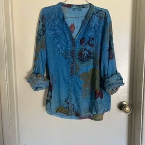 Vintage Blue Floral V-Neck Tunic Top